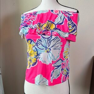 Lilly Pulitzer Pink Off-Shoulder Floral Ruffle Crop Top